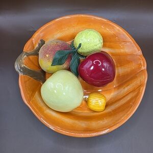Pumpkin Shaped Dish Plus 4 Porcelain Fruits